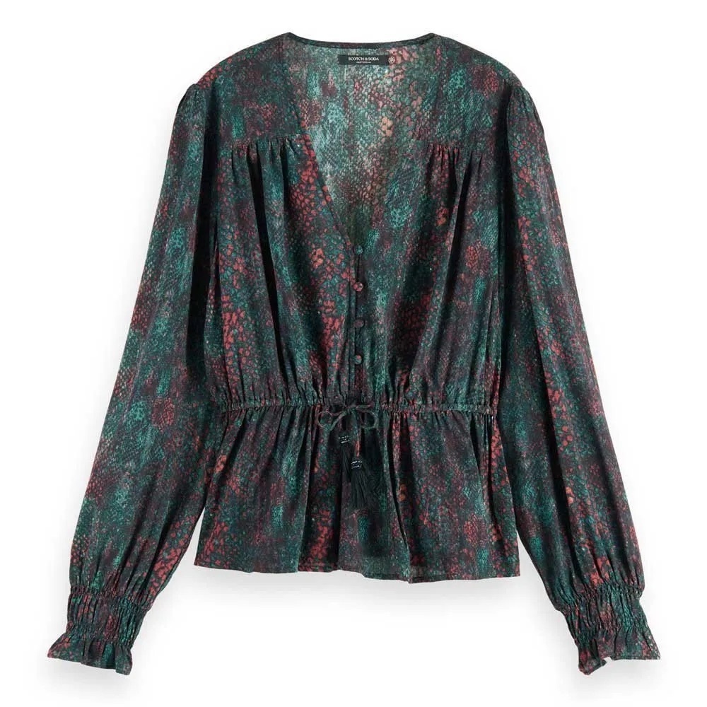 Scotch & Soda Peplum Blouse Snake Print Red Green Long Sleeve EU 38 size6